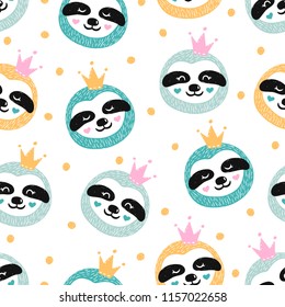 Seamless kids pattern with cute baby sloths. Colorful repeating background with funny sloth face in the crown, Adorable animal design in the childish style. Vector illustration