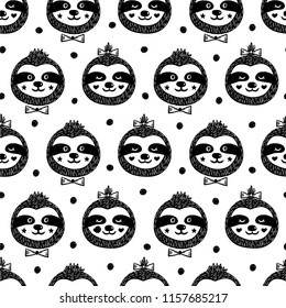 Seamless kids pattern with cute baby sloths. Black and white repeating background with funny sloth face. Childish texture in the scandinavian style. Vector illustration