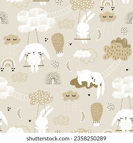 Seamless kids pattern with cute bunny swinging and sleeping on clouds. Cartoon Bunny princess vector childish texture. 