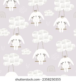 Patrón de niños sin foco con conejito lindo balanceándose sobre nubes. Textura infantil vectorial de la princesa conejita durmiente. 