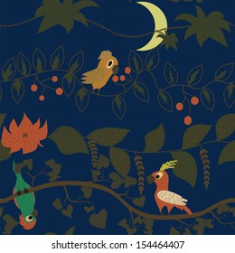 Seamless kids pattern with cute cartoon tropical parrots