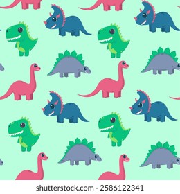 Seamless kids pattern with cute cartoon dinosaurs on a green background. Great for fabric and paper crafts.