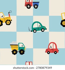 Seamless kids pattern with cute colorful cars, trucks and tractors on checkerboard background. Fun cartoon vector design for nursery decor, baby textile, wallpaper and wrapping paper.