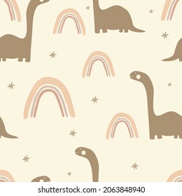 Patrón de niños sin mar con lindos dinosaurios, arcoiris y estrellas. patrón de niños creativos. tela, textil, ilustración.