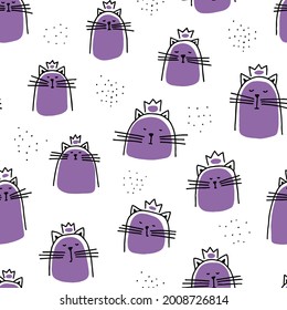 Nahtlose Kindermuster mit süßen doodlen Katzen mit Kronen. Violette, einfache Katzen und ein schwarzer Umriss. Vektorgrafik für Textilien, Umhüllungspapier, Dekoration.