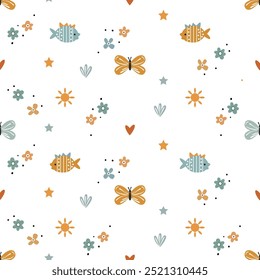 Seamless kids' pattern with cute fish and butterflies. Lots of children's drawn elements. Scandinavian style.  Creative kids texture for fabric, packaging, textiles, wallpaper, clothes. Vector