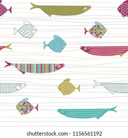 Seamless kids pattern with cute hand drawn fishes and stripes. Backdrop for fabric, textile, apparel, wallpaper, wrapping, patchwork and other. Vector illustration.