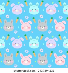 seamless kids pattern cute hand drawn bunny face in the garden blue background vector illustration