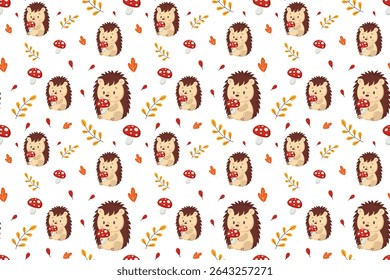 Seamless kids pattern with cute hedgehog, autumn leaves and mushrooms.