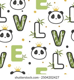 Seamless kids pattern with cute panda bear and letters