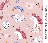 Seamless kids pattern with cute unicorns, planet, rainbow, star. Childish creative pink texture. Vector illustration 