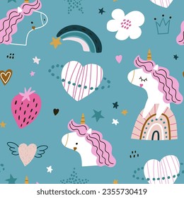 Seamless kids pattern with cute unicorns, heart planet, rainbow, star. Childish creative pink texture. Vector illustration 