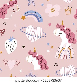 Seamless kids pattern with cute unicorns, planet, rainbow, star. Childish creative pink texture. Vector illustration 