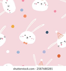 Seamless kids' pattern with cute white bunny faces on a pink background. Hand-drawn playful design with a sketch-like texture, soft pastel tones, and a cozy feel. Perfect for textiles, packaging.