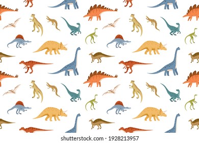 Seamless kids pattern with different dinosaurs on white background. Endless texture with dinos of Jurassic park and ancient prehistorical monsters. Colored flat vector illustration