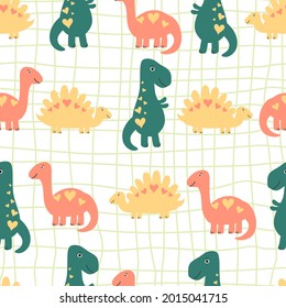 Seamless  kids pattern Dinosaurs with heart on grid  background. Vector children backdrop. Baby concept. Template of wrapping, digital paper, wallpaper, fabric  textile print, clothes. 