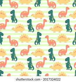 Seamless  kids pattern Dinosaurs with heart on green striped background. Vector children backdrop. Baby concept. Template of wrapping, digital paper, wallpaper, fabric  textile print, clothes.