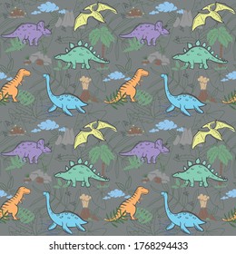 Seamless kids pattern with dinosaurs. Vector illustration, design of wild animals, reptiles, for printing on fabric, clothing, packaging paper, bedding, printing, postcards