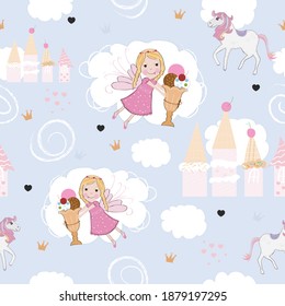 Seamless kids pattern with fairy girl princess, castle made of ice cream. Scandinavian for fabric design pattern, wrapping paper, wallpaper, background