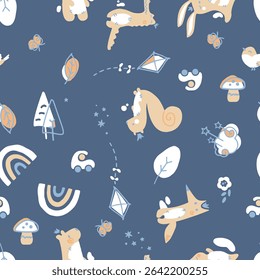 Seamless kids pattern featuring cute squirrels, bunnies, kites, mushrooms, rainbows, and leaves on a blue background. A whimsical, hand-drawn design perfect for children’s apparel, nursery prints