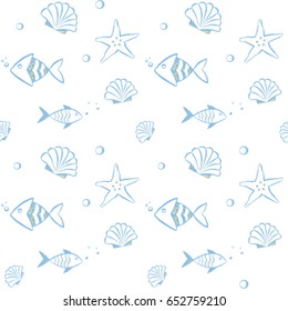 Seamless kids pattern with fish, starfish and shell. Vector colorful illustration.