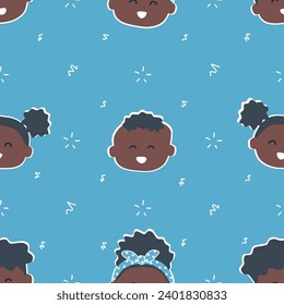 Seamless kids pattern with funny baby heads. Smiling black children. Vector illustration on blue background