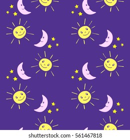 Seamless kids pattern with funny cartoon moon, sun, stars. Vector background.