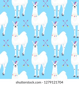 Seamless kids pattern with funny llama. Cute alpaca cartoon character for decoration nursery, design kids clothing, fabric, wrapping, textile, wallpaper