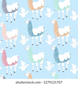 Seamless kids pattern with funny llama and cacti. Cute alpaca cartoon character for decoration nursery, design kids clothing, fabric, wrapping, textile, wallpaper