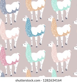 Seamless kids pattern with funny llama. Cute alpaca cartoon character for decoration nursery, design kids clothing, fabric, wrapping, textile, wallpaper