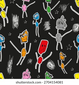 Seamless kids pattern with funny stick-figure characters, childish scribbles and hand-drawn colorful faces on a black background. Playful naive art design for fabrics, stationery and kids fashion.
