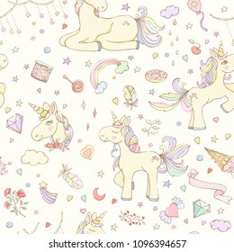 Seamless kids pattern. Hand drawn vector illustration of stars, candies, flowers, leaves, feathers, balloon, heart, rainbow, unicorns can be used for wallpaper, website background, wrapping paper.