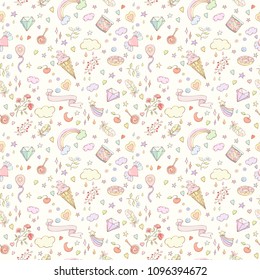 Seamless kids pattern. Hand drawn vector illustration of stars, candies, flowers, leaves, feathers, balloon, heart, rainbow can be used for wallpaper, website background, wrapping paper.