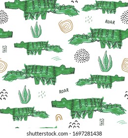 Seamless kids pattern with hand drawn crocodiles jungle floral. Perfect for fabric,textile. Creative Vector background