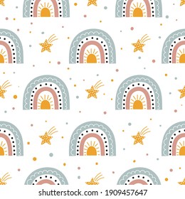 Seamless kids pattern with hand drawn rainbows, clouds, sun and stars on white background. Scandinavian nursery trendy background. Baby texture for fabric, textile, wallpaper, apparel design.