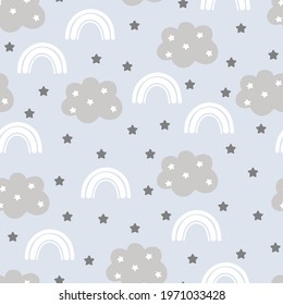 Seamless kids pattern with hand drawn rainbows and clouds on a gray background. Scandi kids background. Trendy baby texture for fabric textile, wallpaper, apparel or wrapping