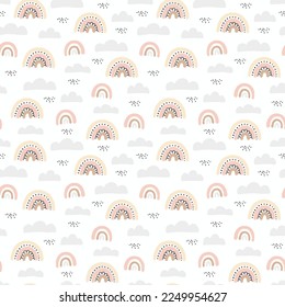 Patrón de niños sin mar con arco iris dibujado a mano y corazones. Textura creativa escandinava infantil para tela, embalaje, textil, papel pintado, ropa. ilustración vectorial