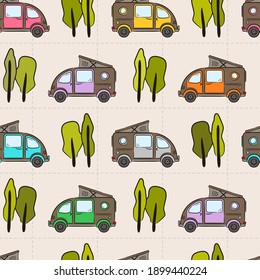 Nahtlose Kindermuster von Hand gezeichnete mehrfarbige Minivans und Bäume. Retro-Bus. Vektorgrafik zum Thema Reisen, Wohnwagen, Campen, Wandern und Wohnmobile.