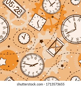 Seamless kids pattern of hand-drawn watches. Round clock in retro style, electronic and hourglass, gears. Vector steampunk background in beige colors on the theme of mechanics, time and eternity.