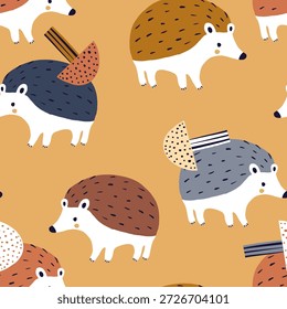 Padrão de crianças sem costura com ouriço e cogumelos . Fundo infantil de animais da floresta. Ilustração vetorial