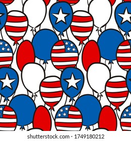 Seamless kids pattern for Independence Day USA. Background of hand-drawn balloons for July 4th in the national colors of the United States of America. Vector illustration for a festive decoration.