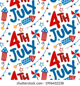 Seamless kids pattern for Independence Day USA. Background of hand-drawn elements for July 4th in the national colors of the United States of America. Vector illustration for a festive decoration.