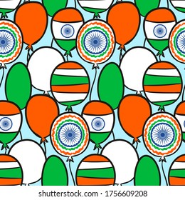 Seamless kids pattern for Indian Independence Day. Background of hand-drawn balloons for August 15th in the national colors of India. Vector illustration for a festive decoration.