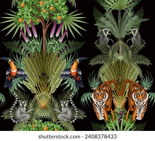 Seamless kids pattern with jungle trees and animals. Vector
