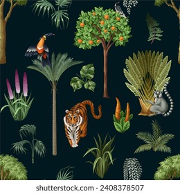 Seamless kids pattern with jungle trees and animals. Vector