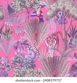 Seamless kids pattern with jungle trees and animals. Vector