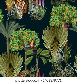 Seamless kids pattern with jungle trees and animals. Vector