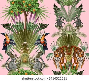 Seamless kids pattern with jungle trees and animals. Vector