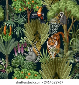 Seamless kids pattern with jungle trees and animals. Vector