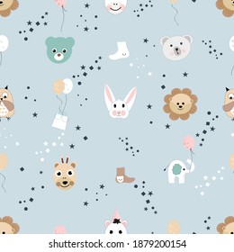 
Seamless kids pattern with lion, owl and cute animals. Kids animal pattern. Scandinavian for fabric design pattern, wrapping paper, wallpaper, background